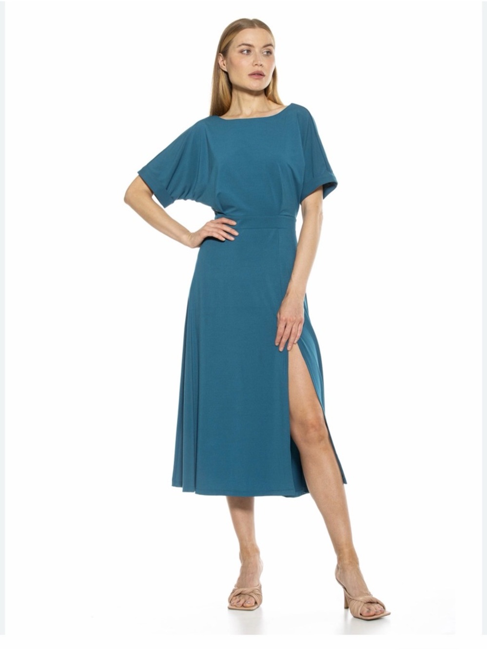 NWT Alexia Admor Teal Midi Dress with Dolman Sleeves and Side Slit MSRP$140